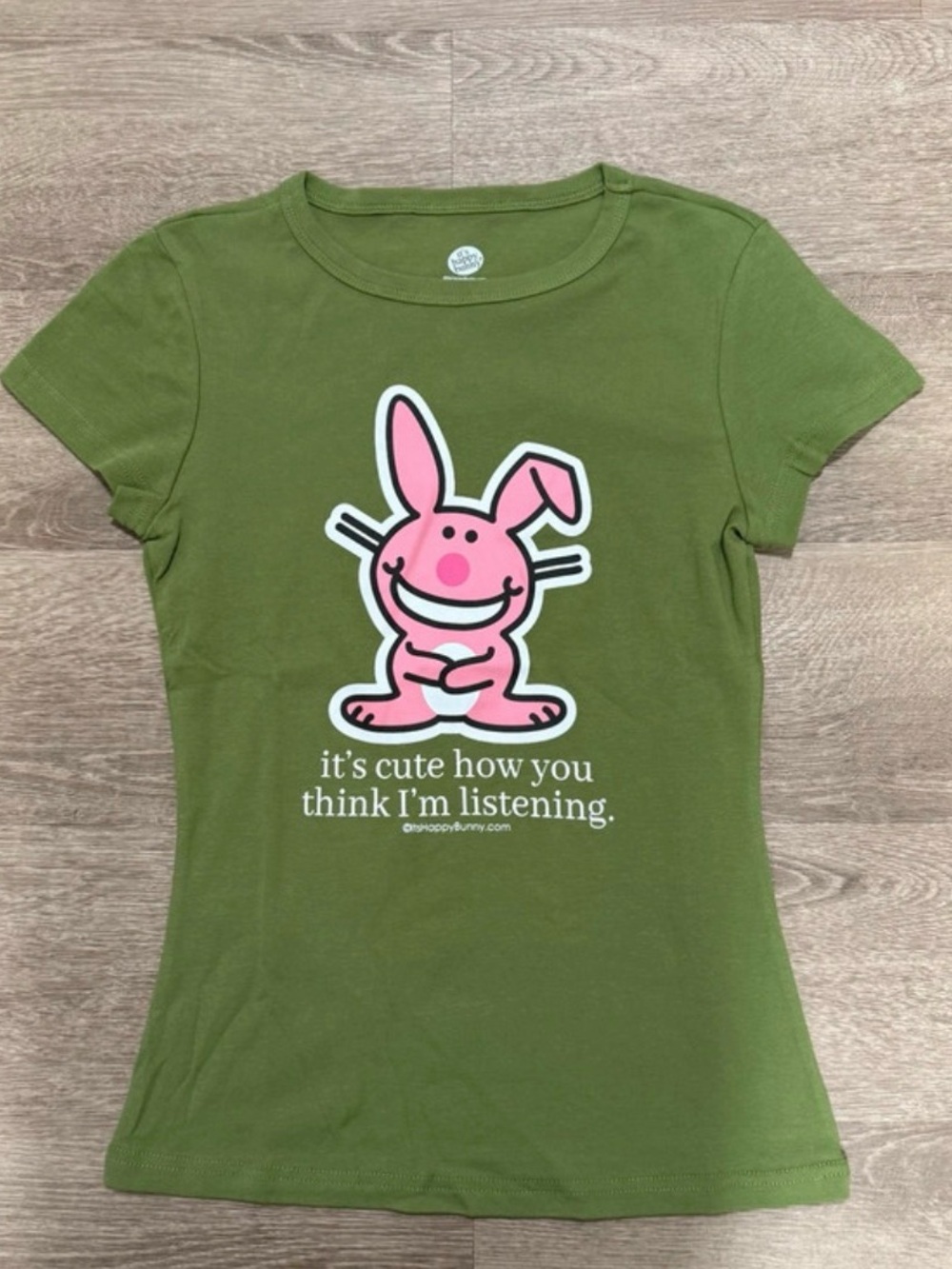 Y2K Happy Bunny Olive Green Graphic Baby Tee